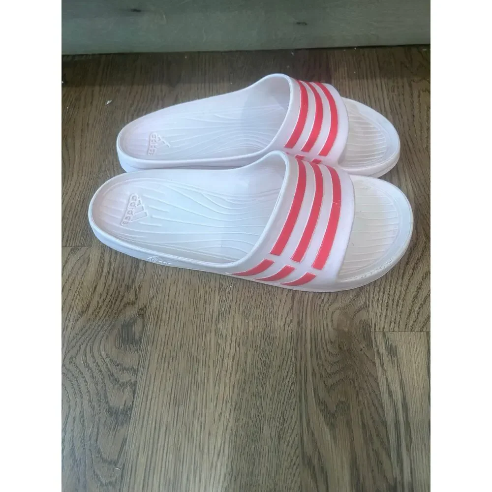 Adidas Duramo Slide Sandals White Pink 3 Stripe Sport Slip On Slides Women's 10